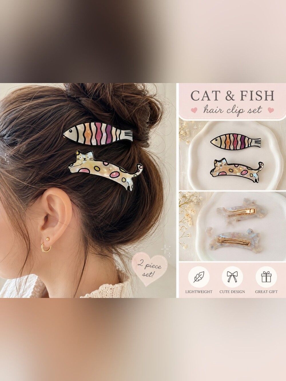 Cute Acetate Cat & Fish Hair Clip Set - Pink Pearl Iridescent Barrettes